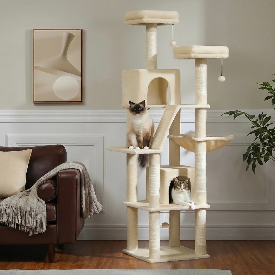 Large Cat Tree – Multi-Level with Sisal Posts, Hideaway & Hanging Toys