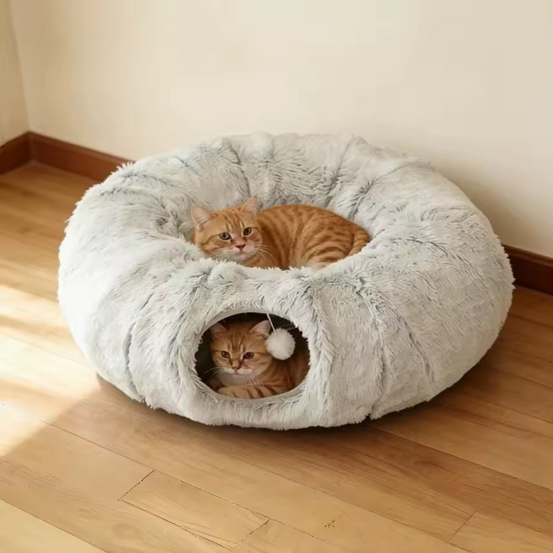 Plush Cat Tunnel Bed – Dual Purpose with Peephole & Machine Washable Cushion