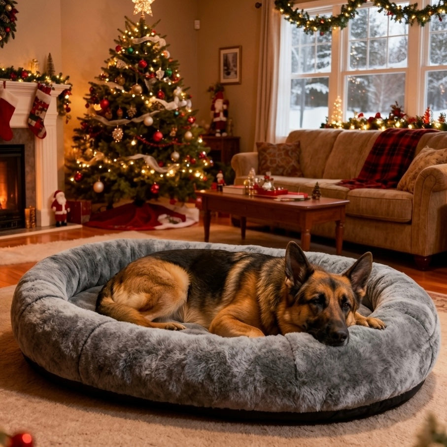 Large Dog Bed – Plush Faux Fur with Storage Pocket & Blanket Set