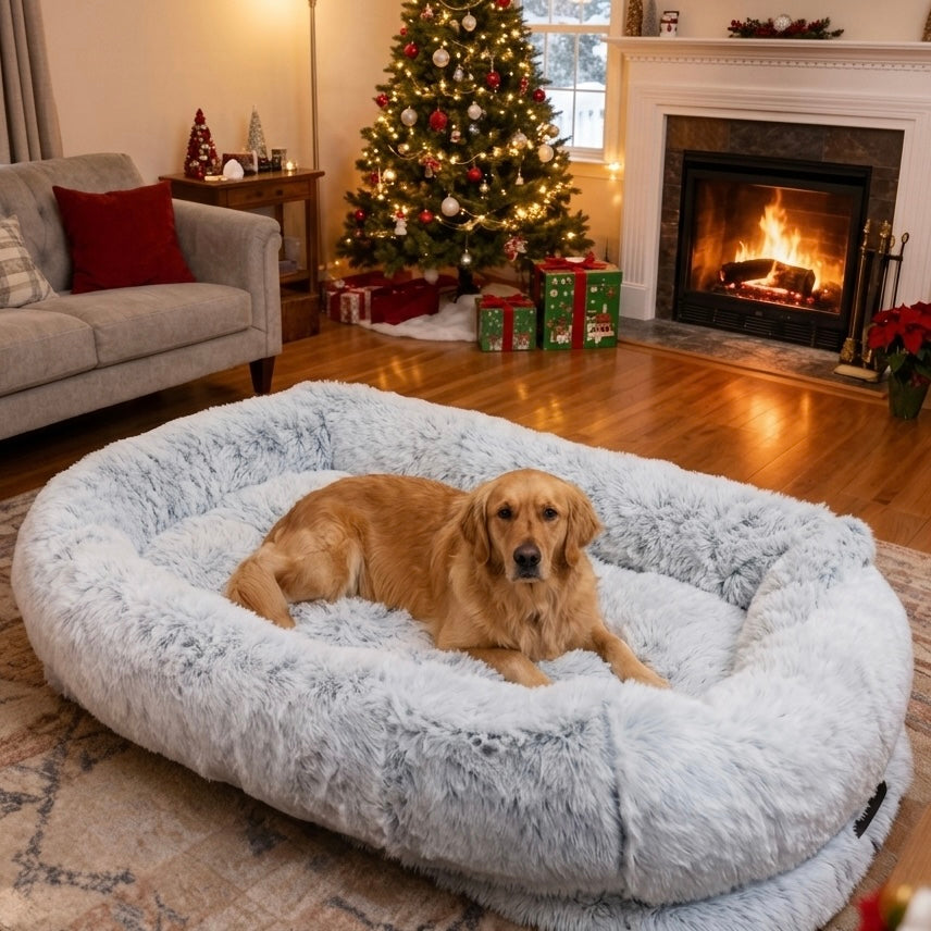 Large Dog Bed – Plush Faux Fur with Storage Pocket & Blanket Set