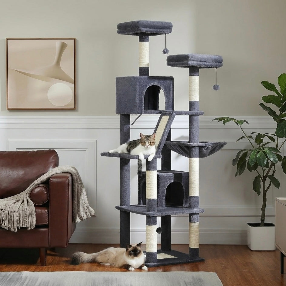 Large Cat Tree – Multi-Level with Sisal Posts, Hideaway & Hanging Toys