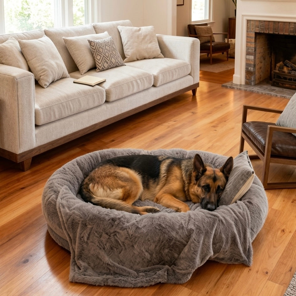 Large Dog Bed – Plush Faux Fur with Storage Pocket & Blanket Set