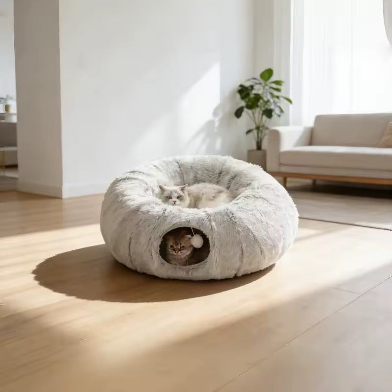 Plush Cat Tunnel Bed – Dual Purpose with Peephole & Machine Washable Cushion