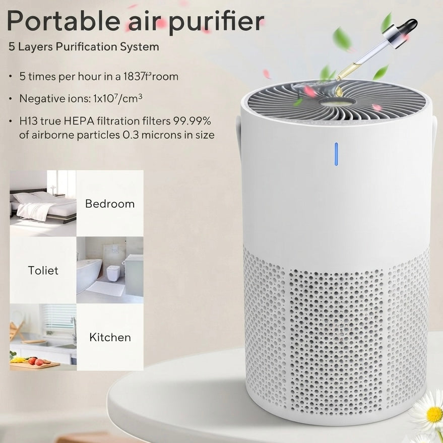 Compact Air Purifier | H13 True HEPA Filter for Pet Dander, Odor & Allergens | 3 Speed Settings, Portable Design