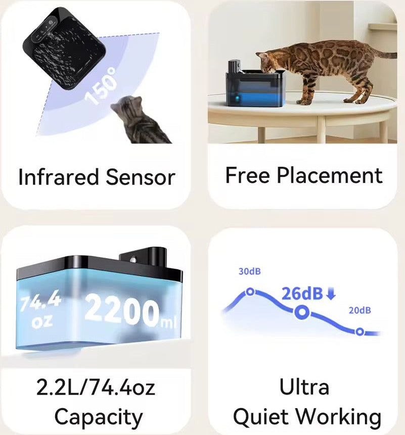 Automatic Cat Water Fountain | 2.2L | Infrared Sensor | USB-C Rechargeable | Quiet | Black