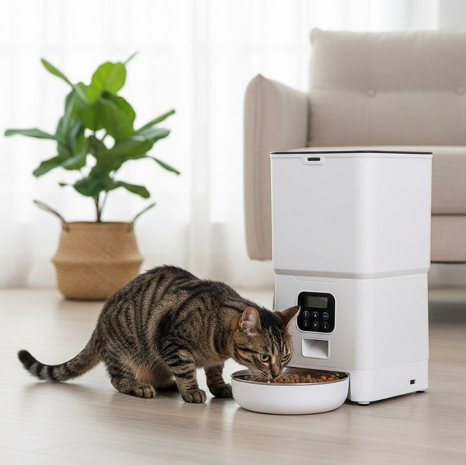 Automatic Pet Feeder with Bowl | Programmable Schedule | Battery Operated | White & Black | Cats & Dogs