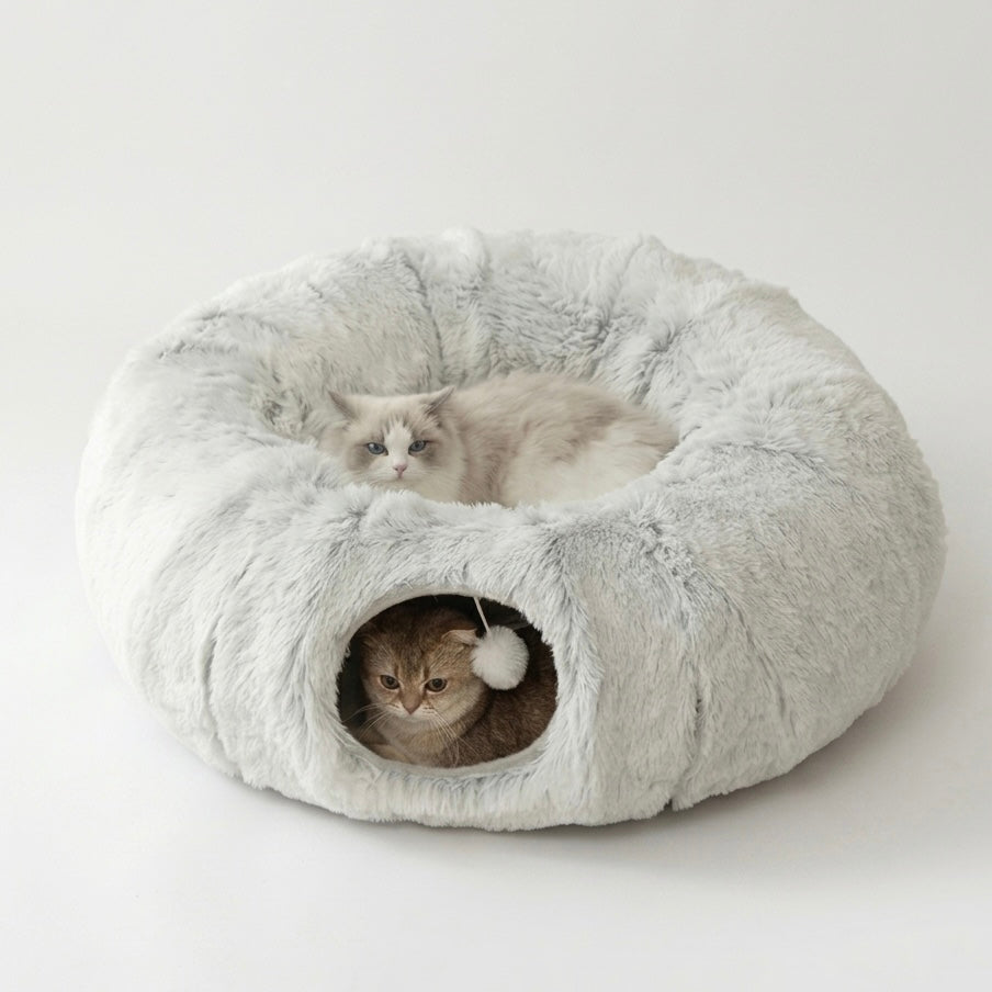 Plush Cat Tunnel Bed – Dual Purpose with Peephole & Machine Washable Cushion
