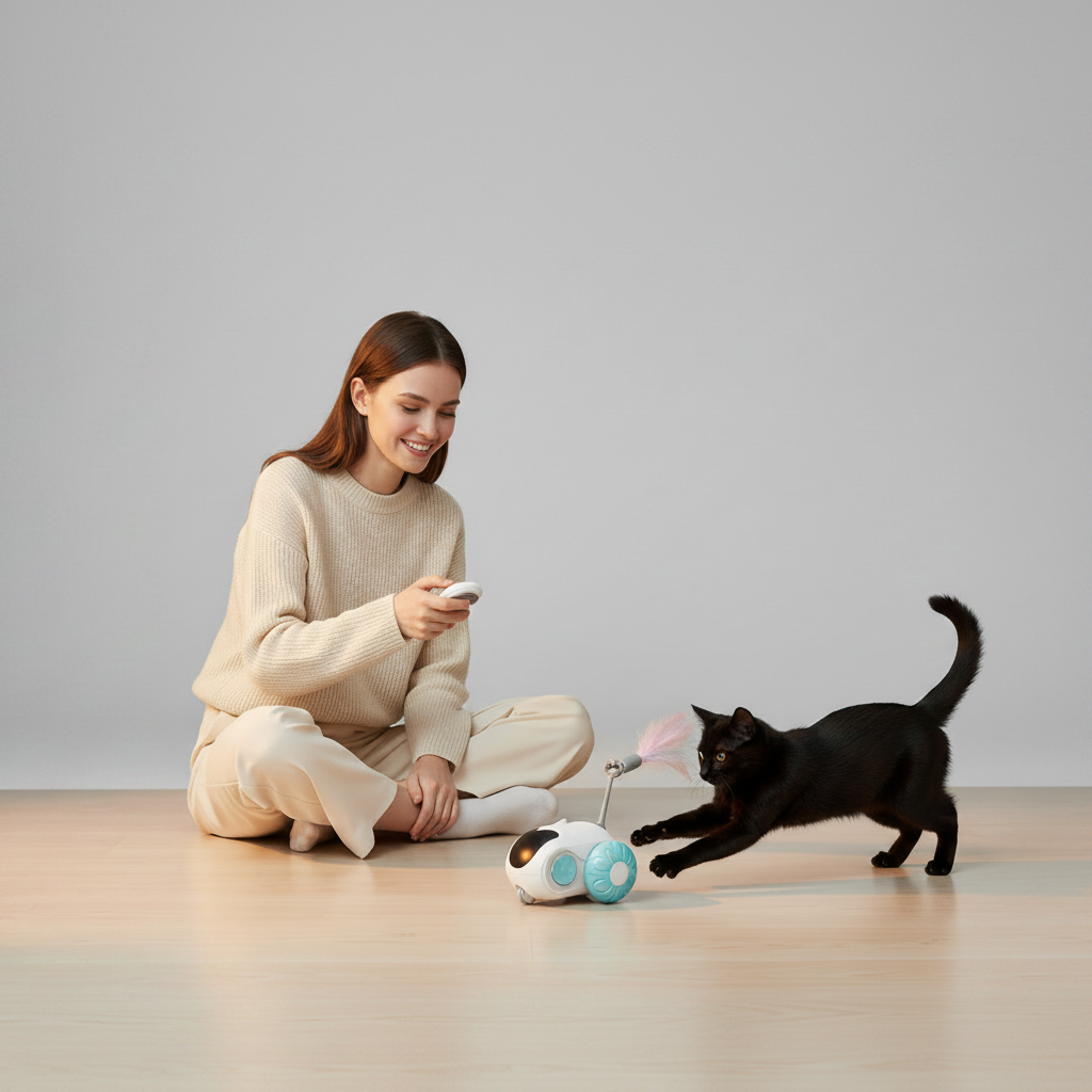 Chase Buddy | Interactive Cat Toy with Remote Control & Feather Wand | Engaging Play for Cats