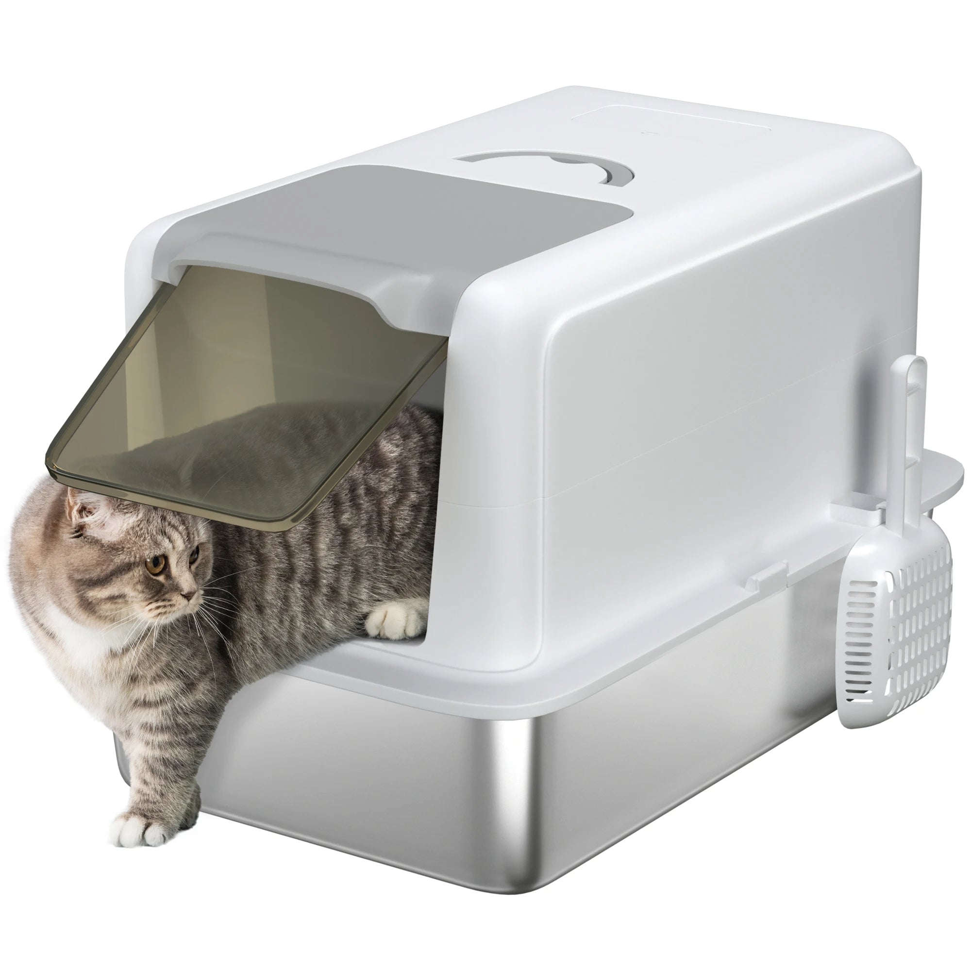 Covered Cat Litter Box – Stainless Steel Tray, Front Flap & Integrated Scoop
