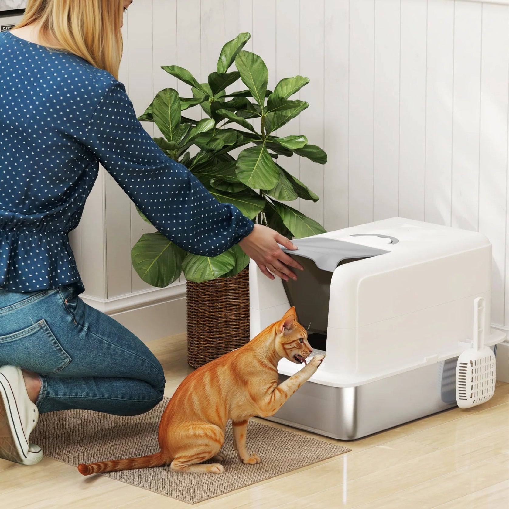 Covered Cat Litter Box – Stainless Steel Tray, Front Flap & Integrated Scoop
