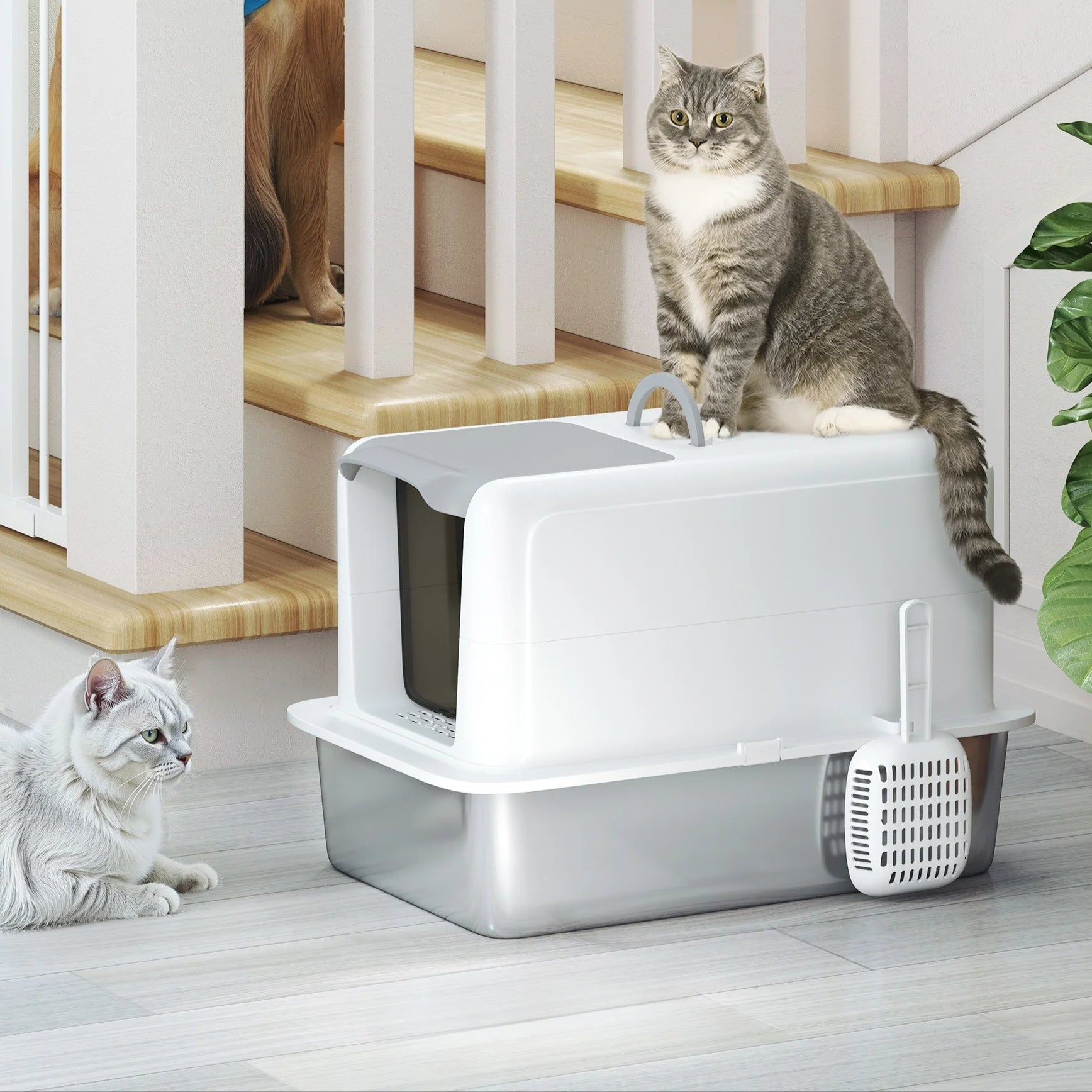 Covered Cat Litter Box – Stainless Steel Tray, Front Flap & Integrated Scoop