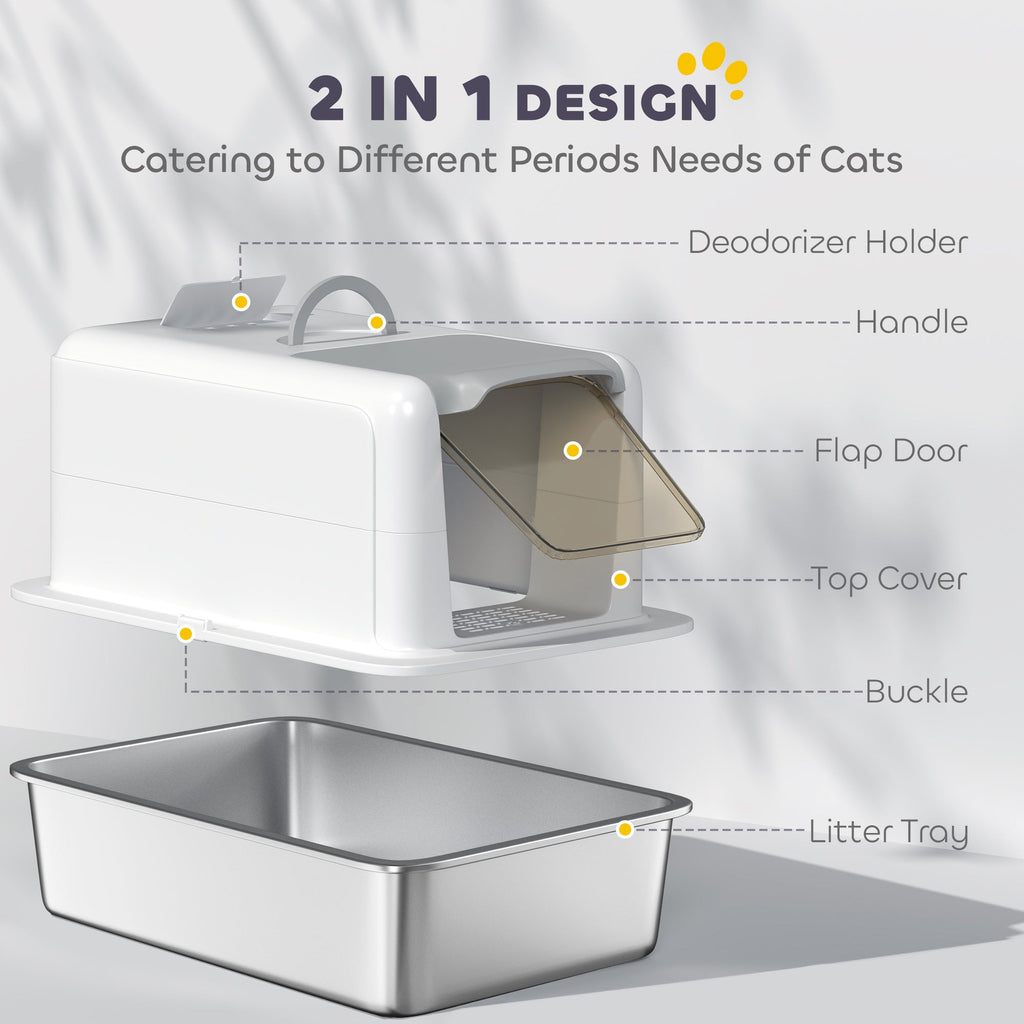 Covered Cat Litter Box – Stainless Steel Tray, Front Flap & Integrated Scoop