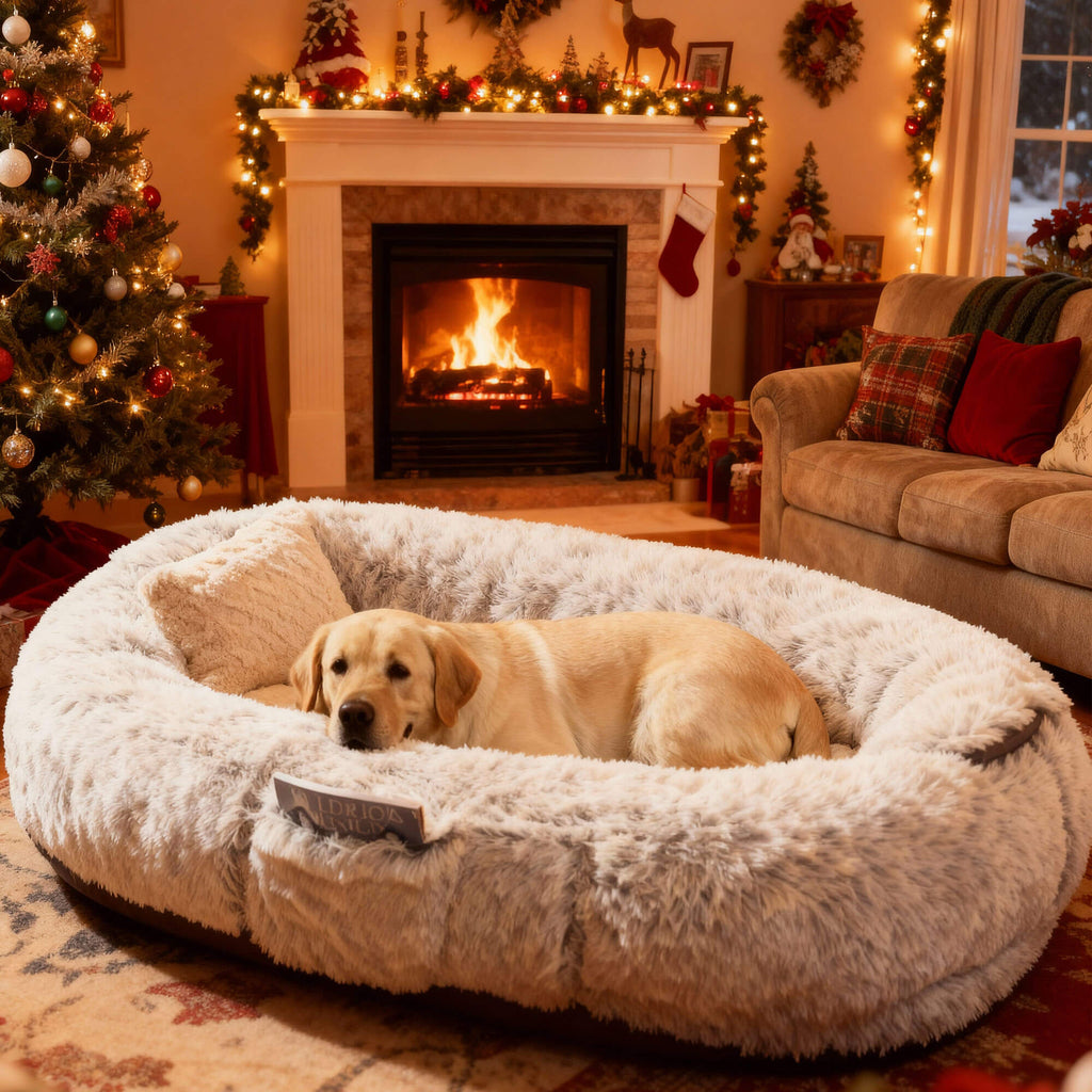 Large Dog Bed – Plush Faux Fur with Storage Pocket & Blanket Set
