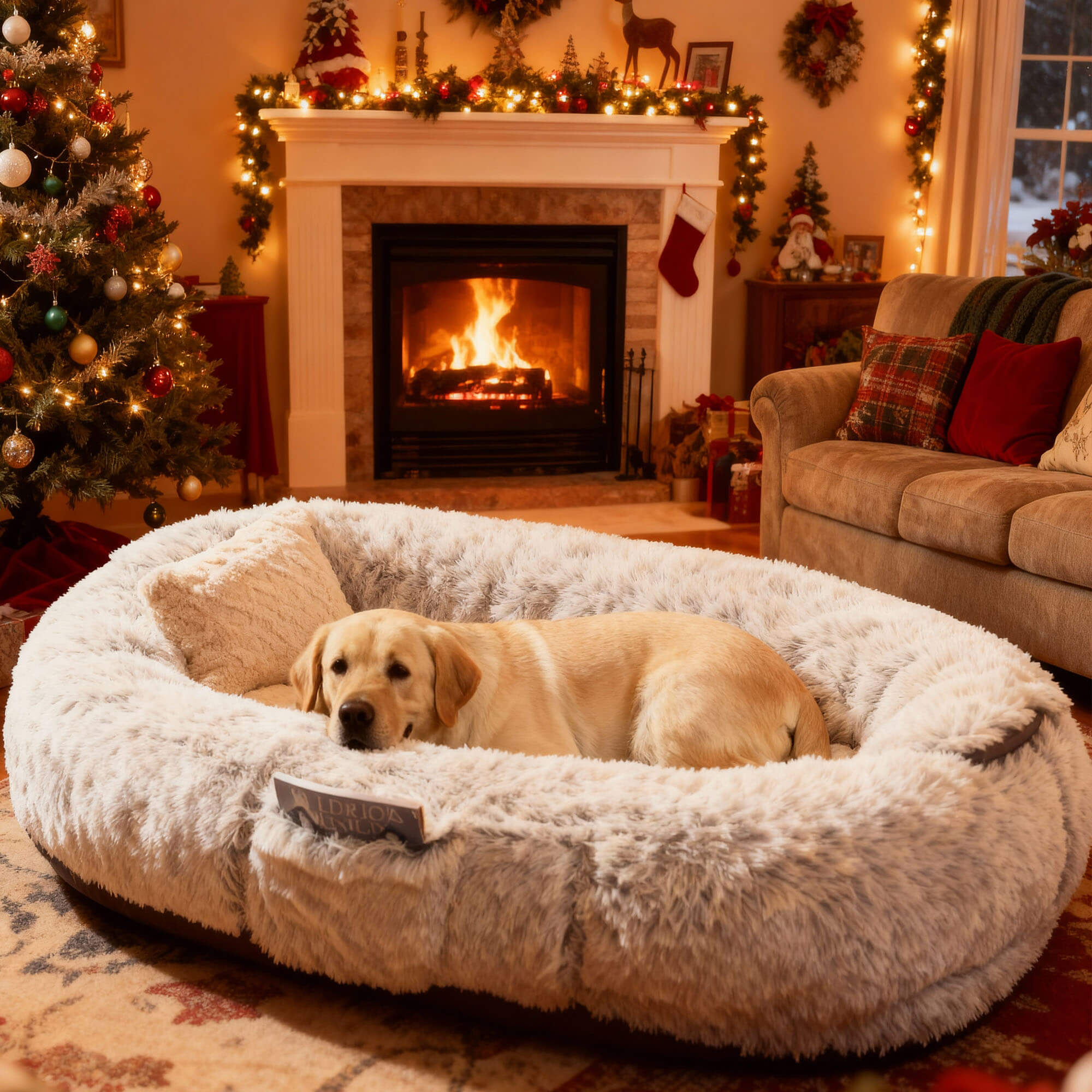 Large Dog Bed – Plush Faux Fur with Storage Pocket & Blanket Set