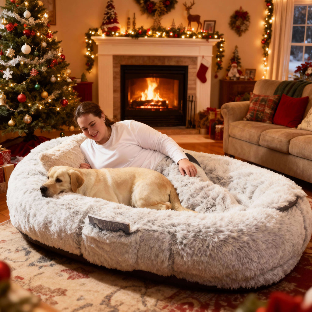 Large Dog Bed – Plush Faux Fur with Storage Pocket & Blanket Set