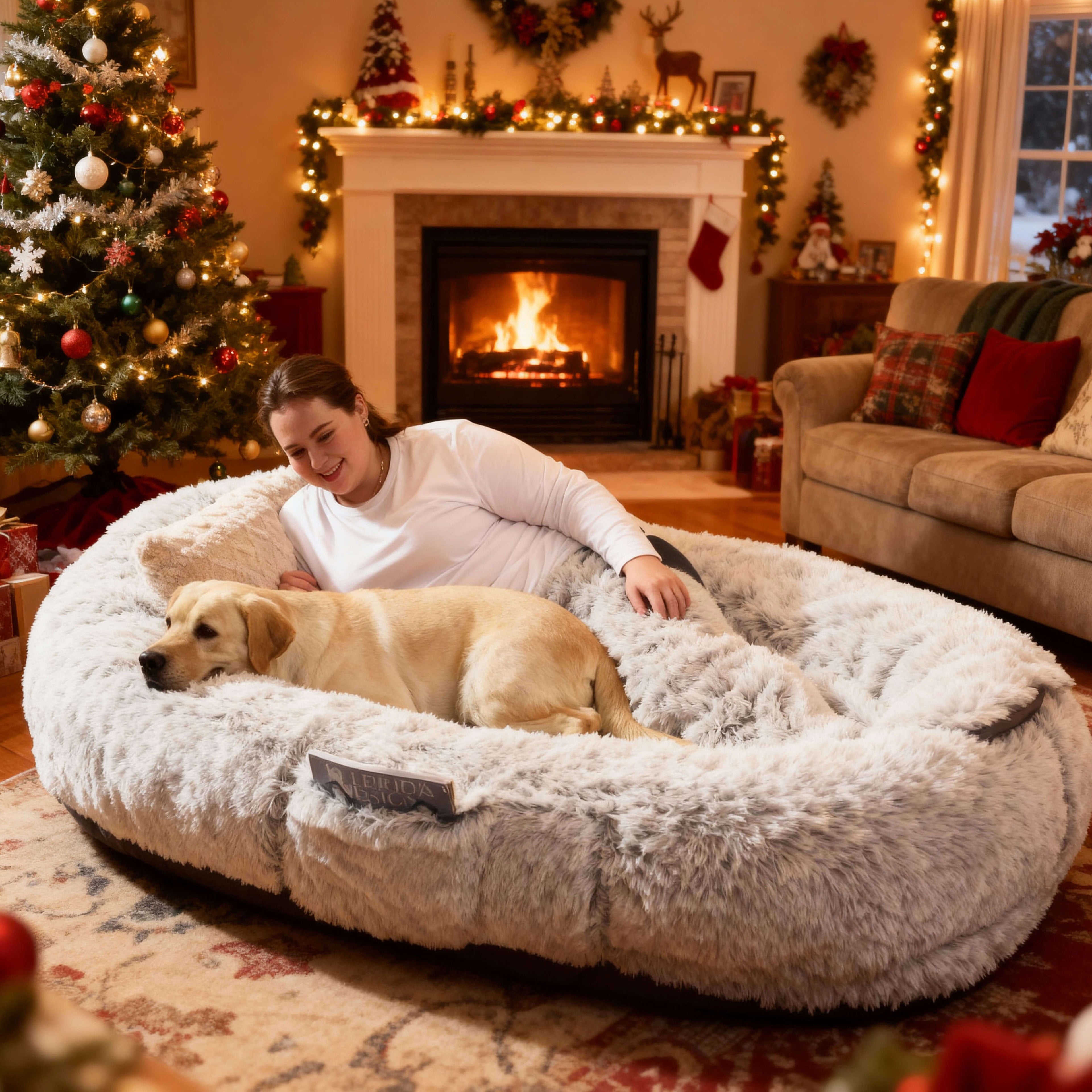 Large Dog Bed – Plush Faux Fur with Storage Pocket & Blanket Set