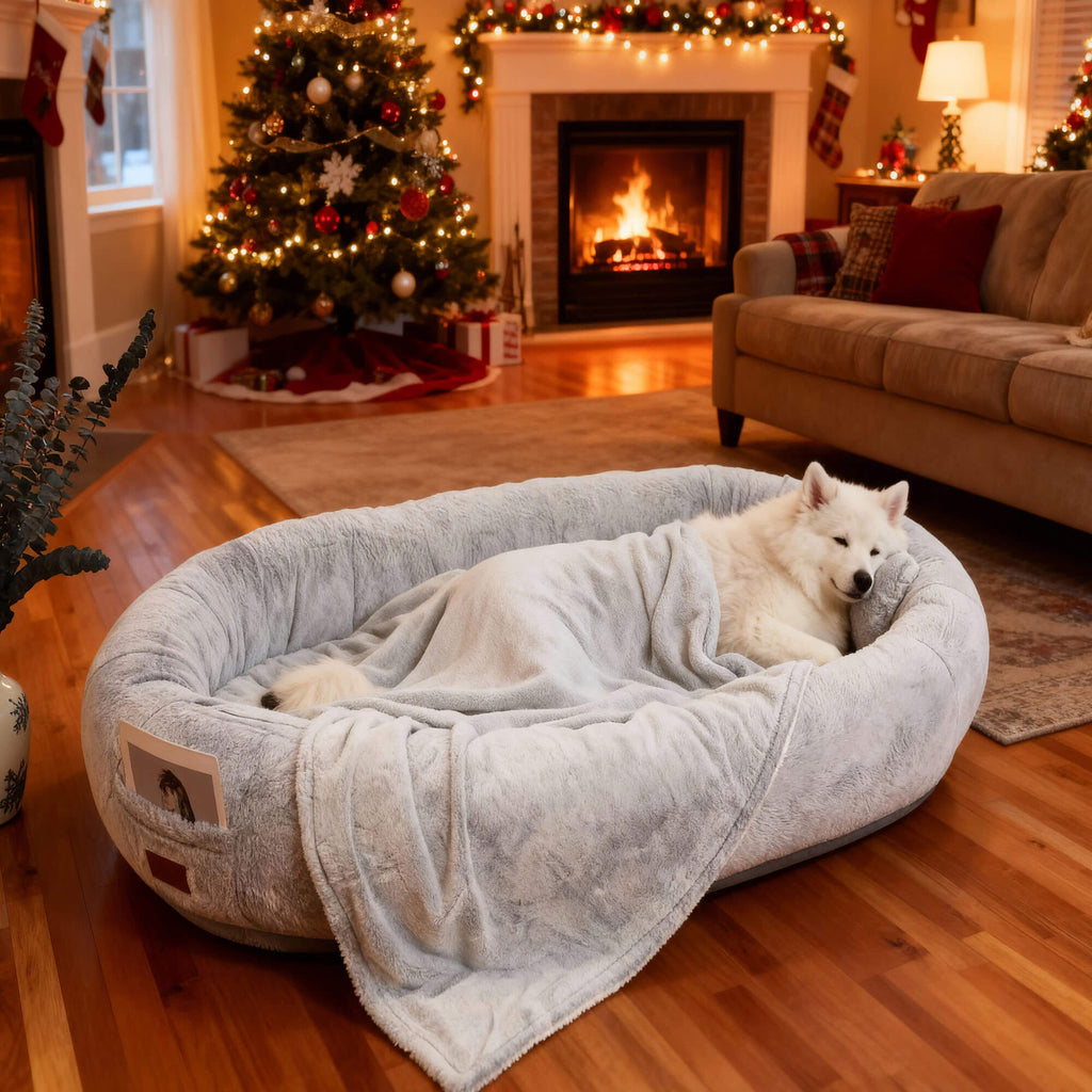 Large Dog Bed – Plush Faux Fur with Storage Pocket & Blanket Set