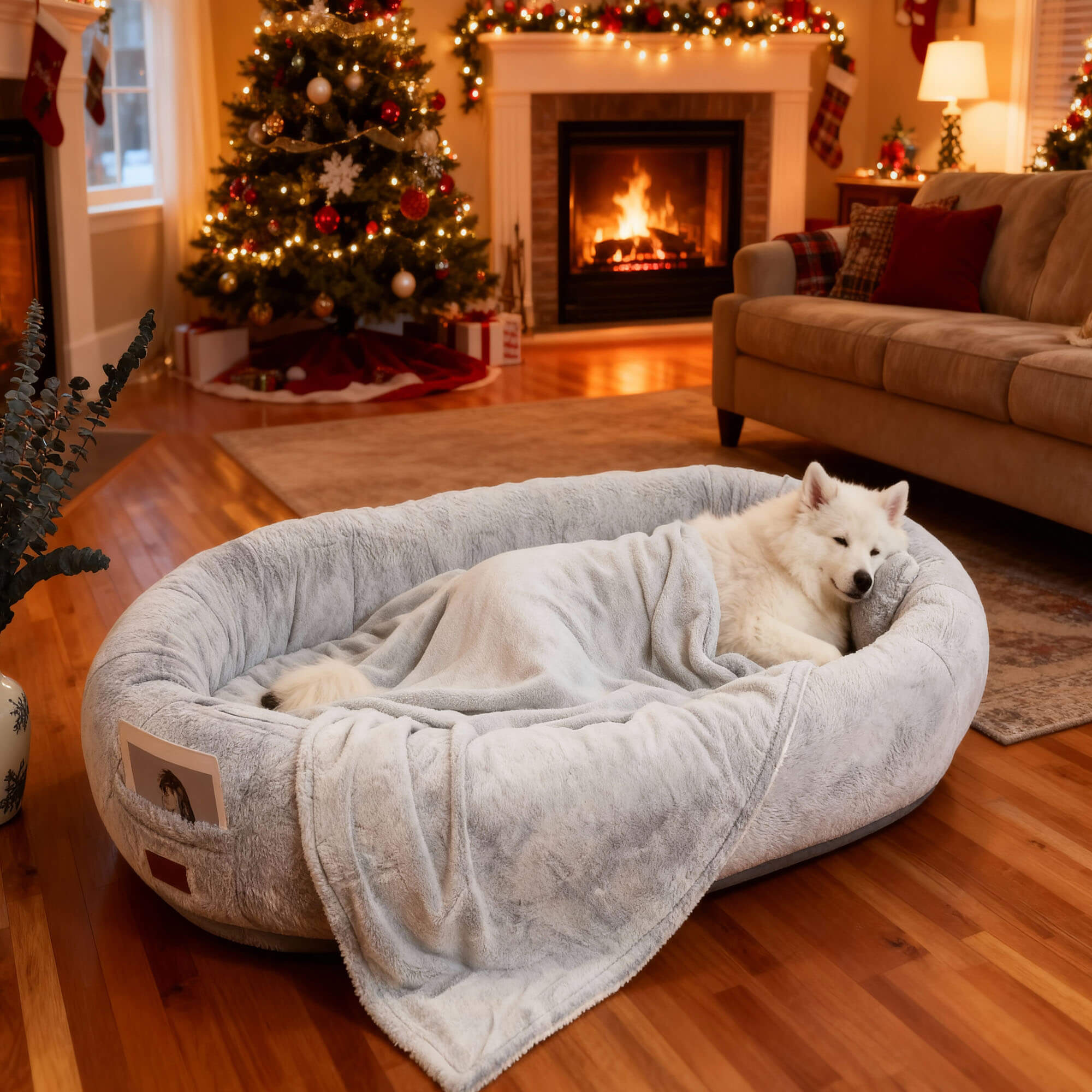 Large Dog Bed – Plush Faux Fur with Storage Pocket & Blanket Set