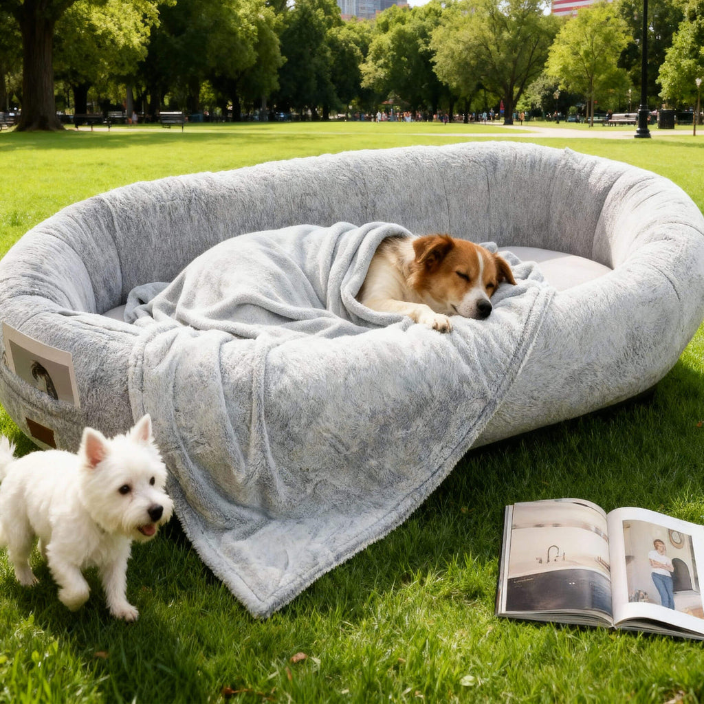 Large Dog Bed – Plush Faux Fur with Storage Pocket & Blanket Set