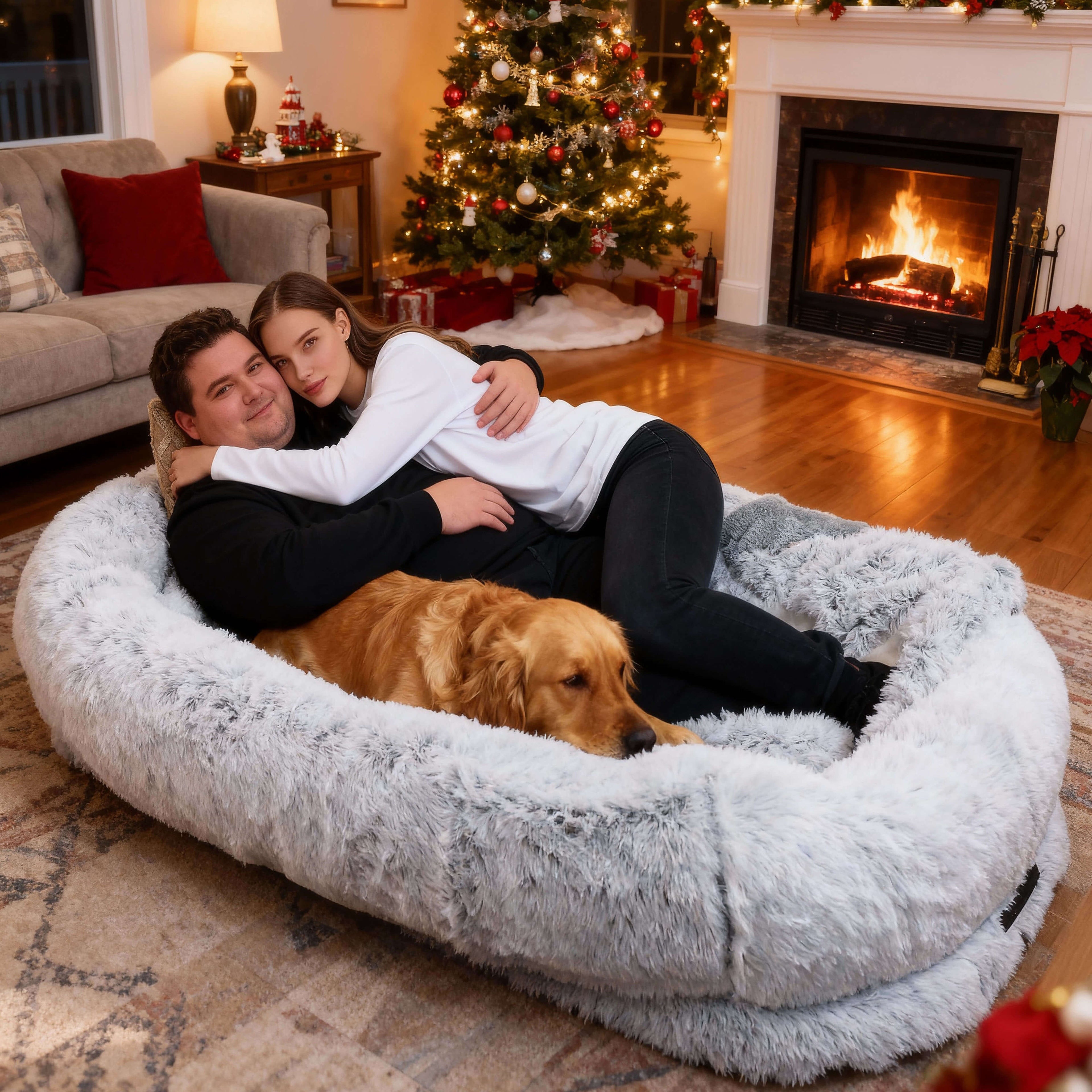 Large Dog Bed – Plush Faux Fur with Storage Pocket & Blanket Set