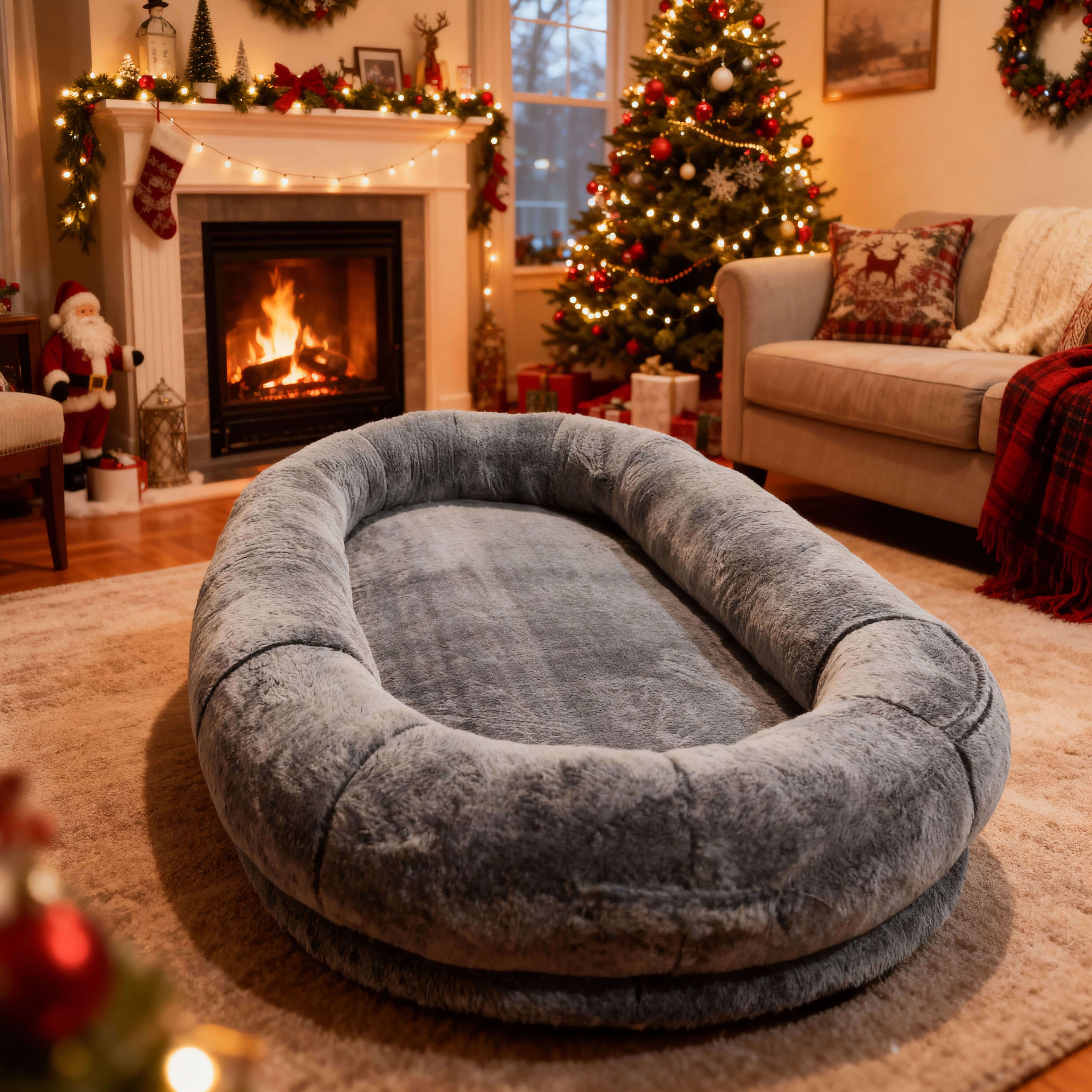 Large Dog Bed – Plush Faux Fur with Storage Pocket & Blanket Set