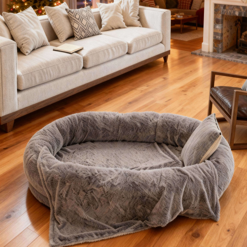 Large Dog Bed – Plush Faux Fur with Storage Pocket & Blanket Set