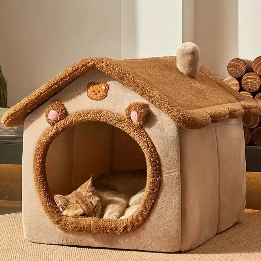 Plush Cat Cave Bed – Enclosed Design for Stress Relief & Cozy Rest
