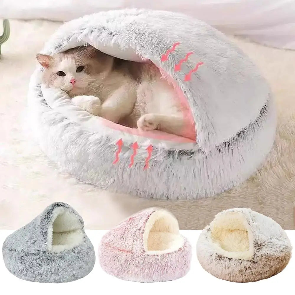 Plush Cat Cave Bed – Semi-Enclosed, Machine Washable & Anti-Slip Base