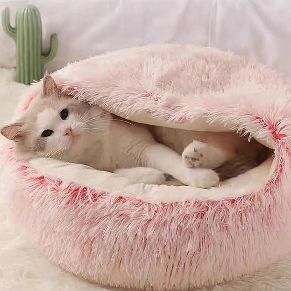 Plush Cat Cave Bed – Semi-Enclosed, Machine Washable & Anti-Slip Base