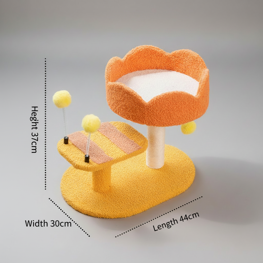 Cat Perch Station – Flower Bowl Perch, Sisal Scratching Post & Spring Ball Toy