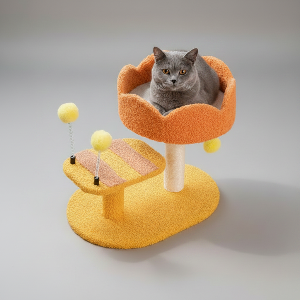 Cat Perch Station – Flower Bowl Perch, Sisal Scratching Post & Spring Ball Toy