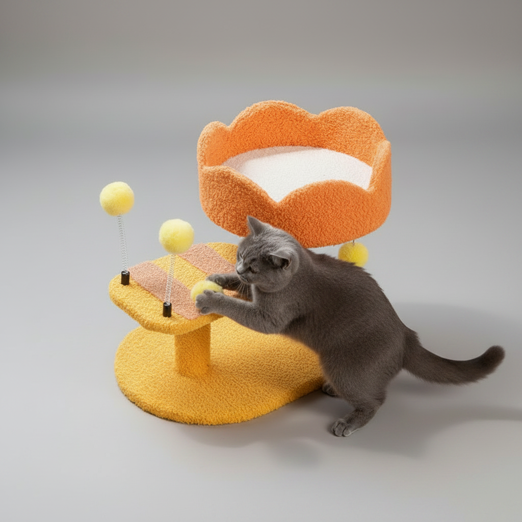 Cat Perch Station – Flower Bowl Perch, Sisal Scratching Post & Spring Ball Toy