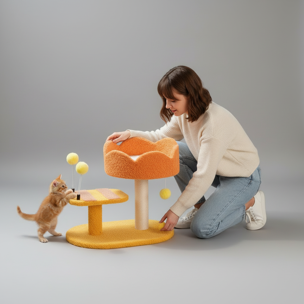Cat Perch Station – Flower Bowl Perch, Sisal Scratching Post & Spring Ball Toy