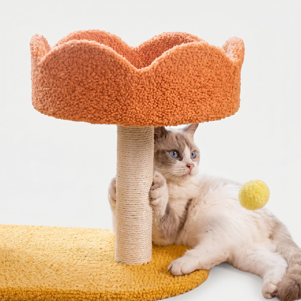 Cat Perch Station – Flower Bowl Perch, Sisal Scratching Post & Spring Ball Toy
