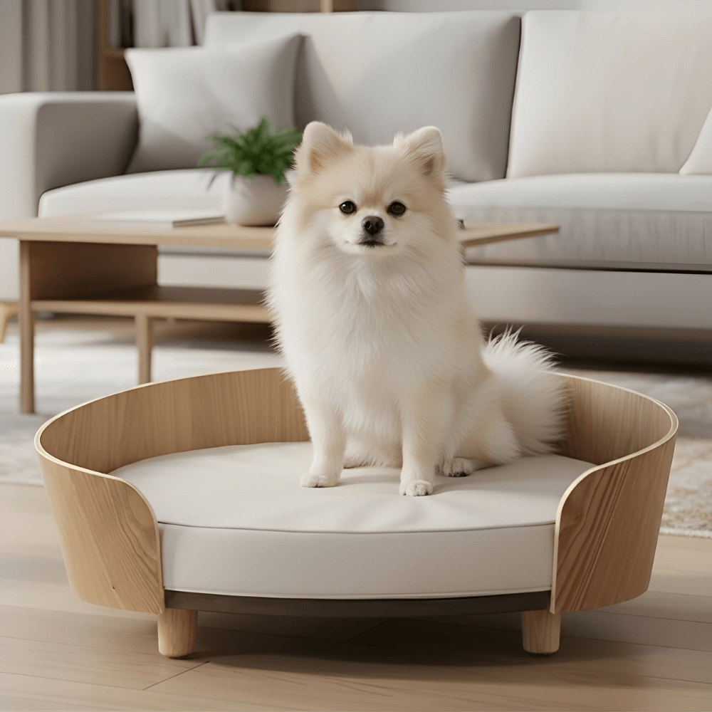 Elevated Wooden Dog Bed – Thick Cushion, Semi-Enclosed Design & Non-Slip Legs