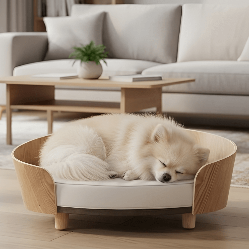 Elevated Wooden Dog Bed – Thick Cushion, Semi-Enclosed Design & Non-Slip Legs