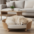 Elevated Wooden Dog Bed – Thick Cushion, Semi-Enclosed Design & Non-Slip Legs