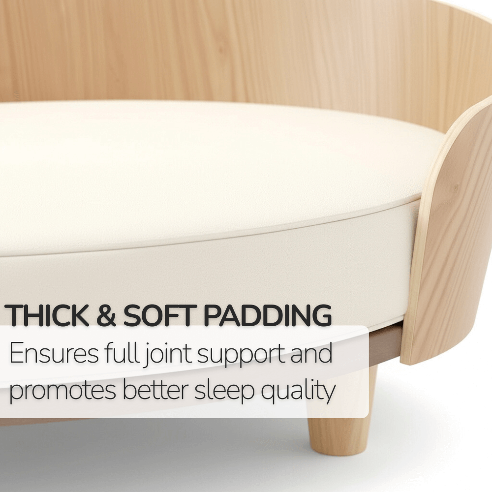 Elevated Wooden Dog Bed – Thick Cushion, Semi-Enclosed Design & Non-Slip Legs