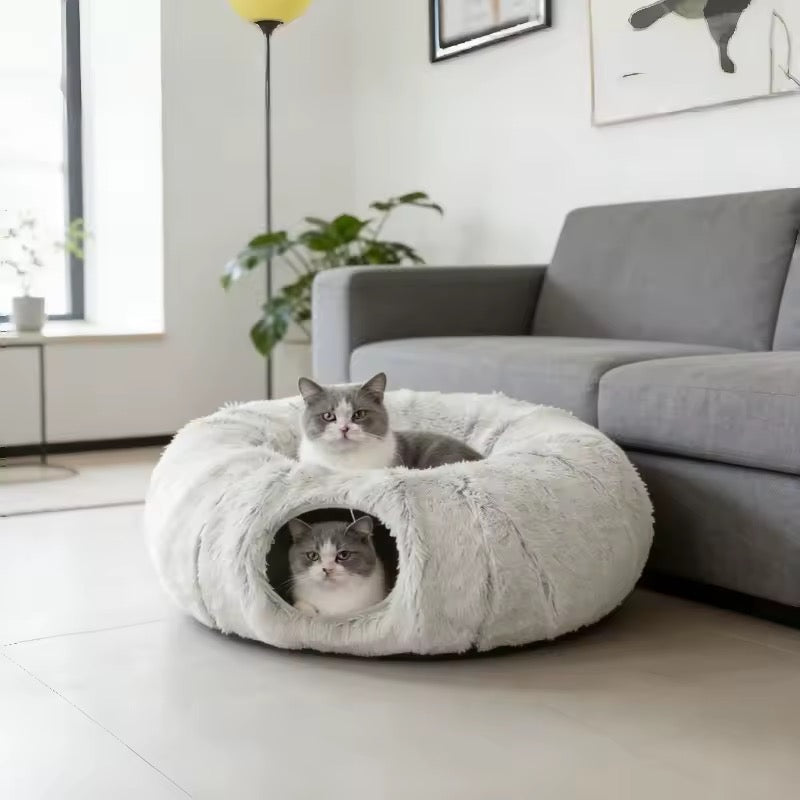 Plush Cat Tunnel Bed – Dual Purpose with Peephole & Machine Washable Cushion