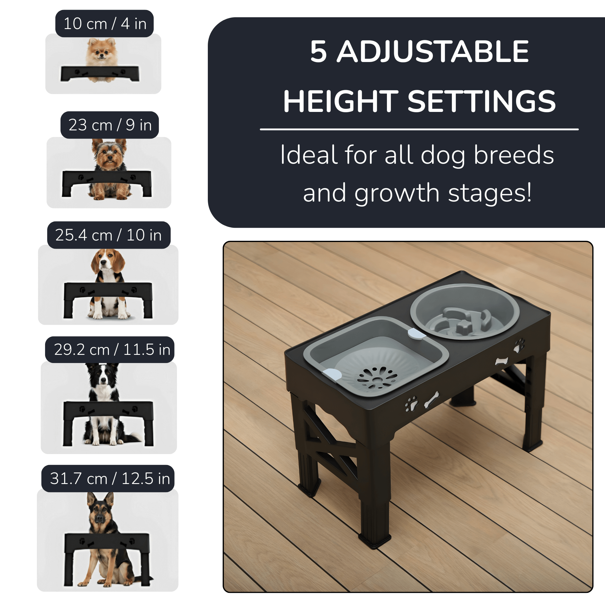 3-in-1 Elevated Dog Bowl Stand – Slow Feeder, Spill-Proof Water Bowl & 5 Height Settings