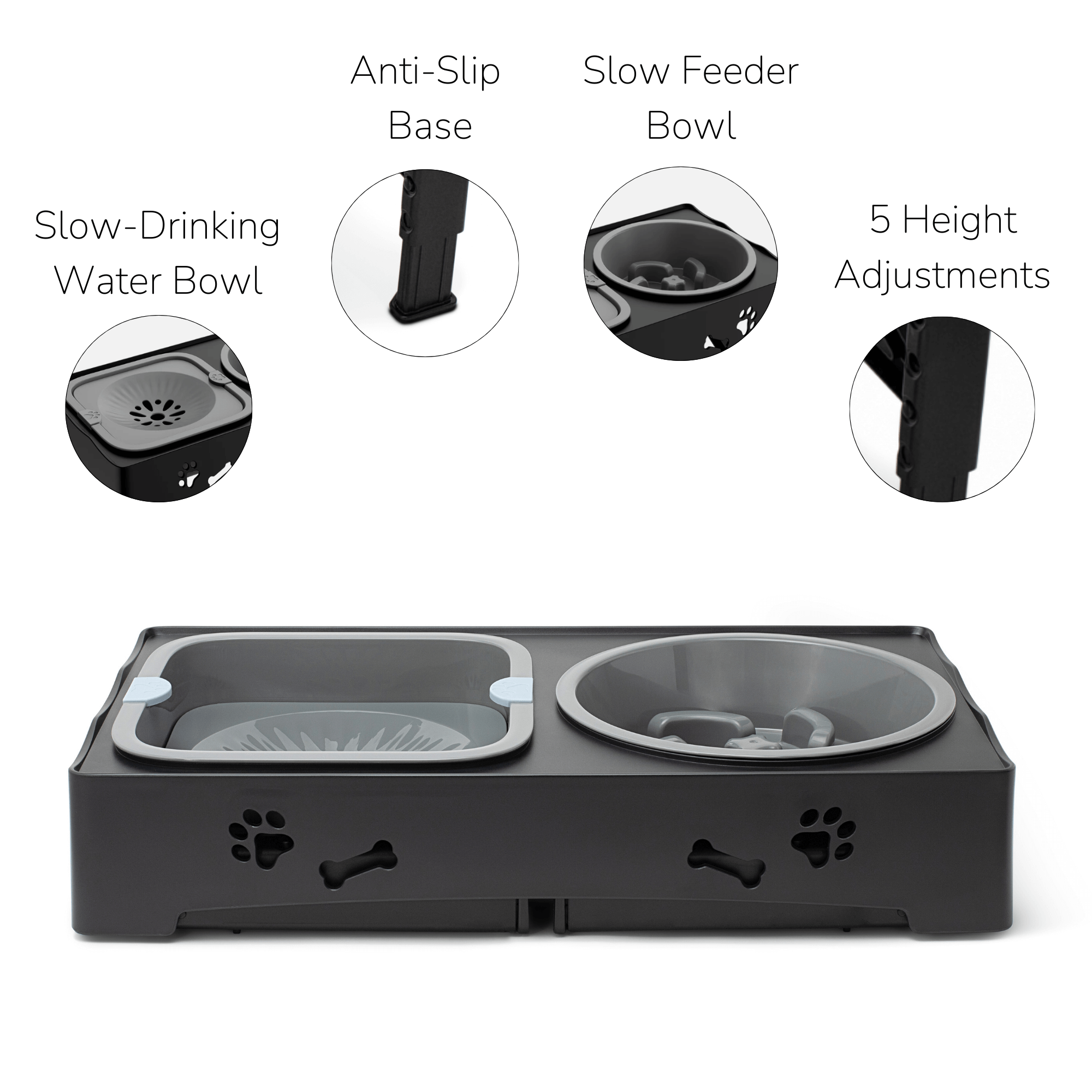 3-in-1 Elevated Dog Bowl Stand – Slow Feeder, Spill-Proof Water Bowl & 5 Height Settings