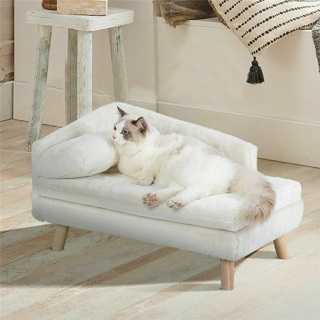 Elevated Pet Sofa Bed – L-Shape Chaise with Cushion, Pillow & Rubber Wood Legs