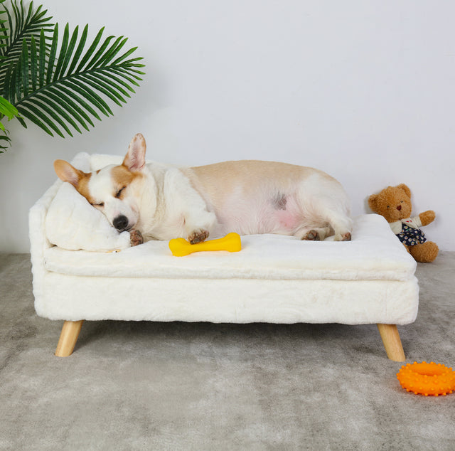 Elevated Pet Sofa Bed – L-Shape Chaise with Cushion, Pillow & Rubber Wood Legs