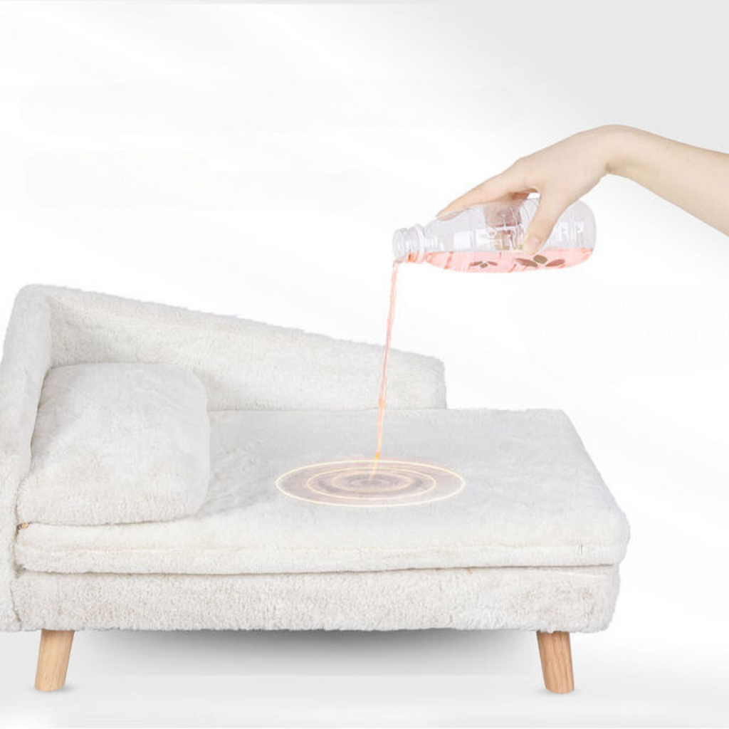 Elevated Pet Sofa Bed – L-Shape Chaise with Cushion, Pillow & Rubber Wood Legs
