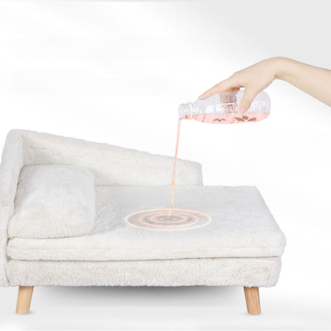 Elevated Pet Sofa Bed – L-Shape Chaise with Cushion, Pillow & Rubber Wood Legs