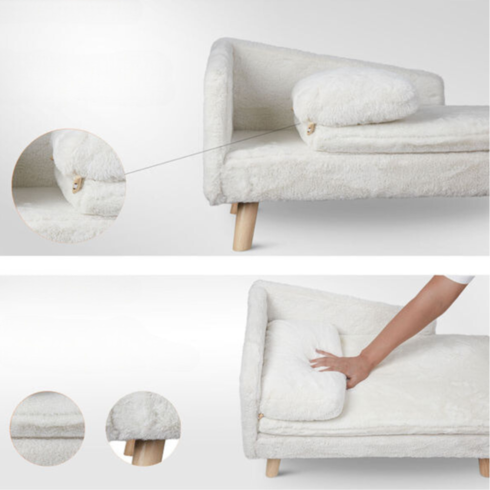 Elevated Pet Sofa Bed – L-Shape Chaise with Cushion, Pillow & Rubber Wood Legs