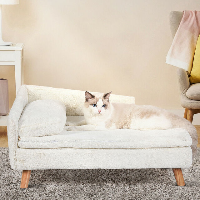 Elevated Pet Sofa Bed – L-Shape Chaise with Cushion, Pillow & Rubber Wood Legs