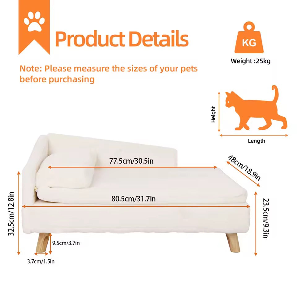 Elevated Pet Sofa Bed – L-Shape Chaise with Cushion, Pillow & Rubber Wood Legs