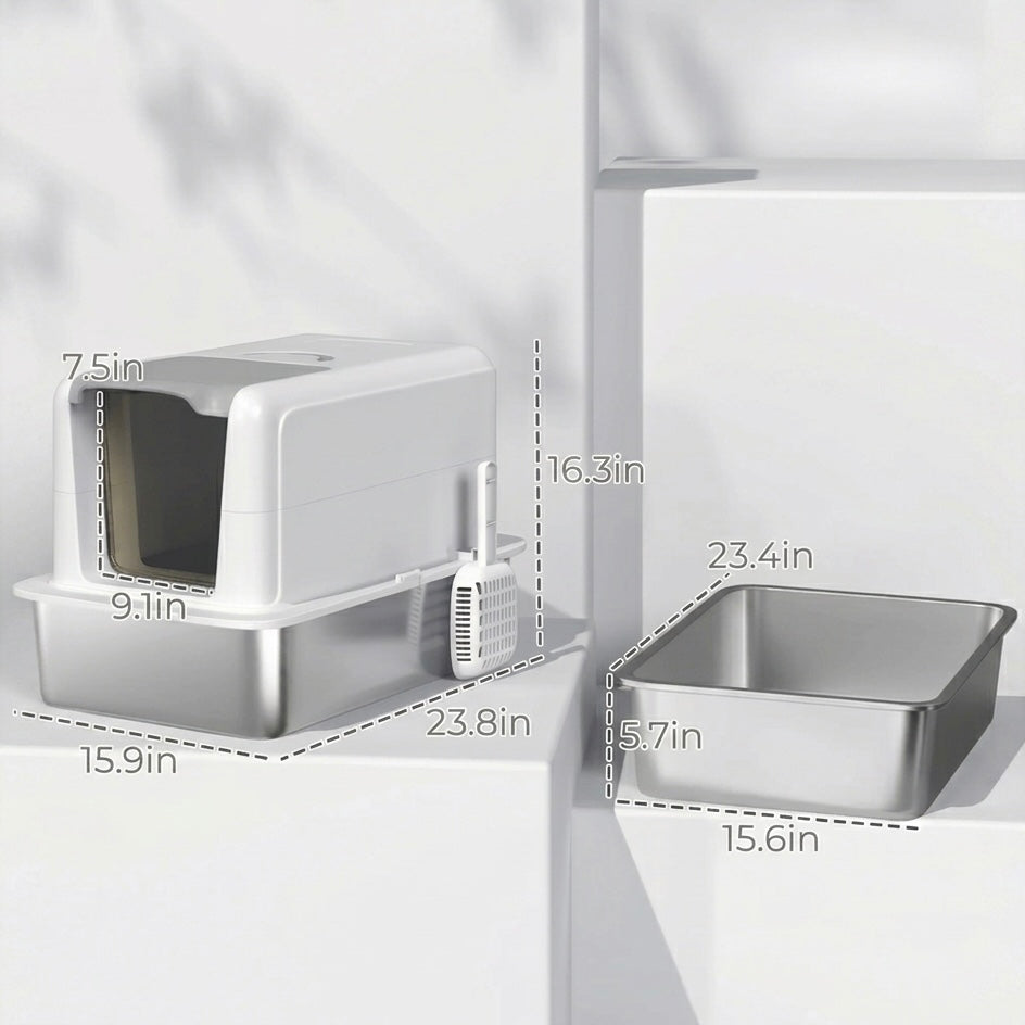 Covered Cat Litter Box – Stainless Steel Tray, Front Flap & Integrated Scoop