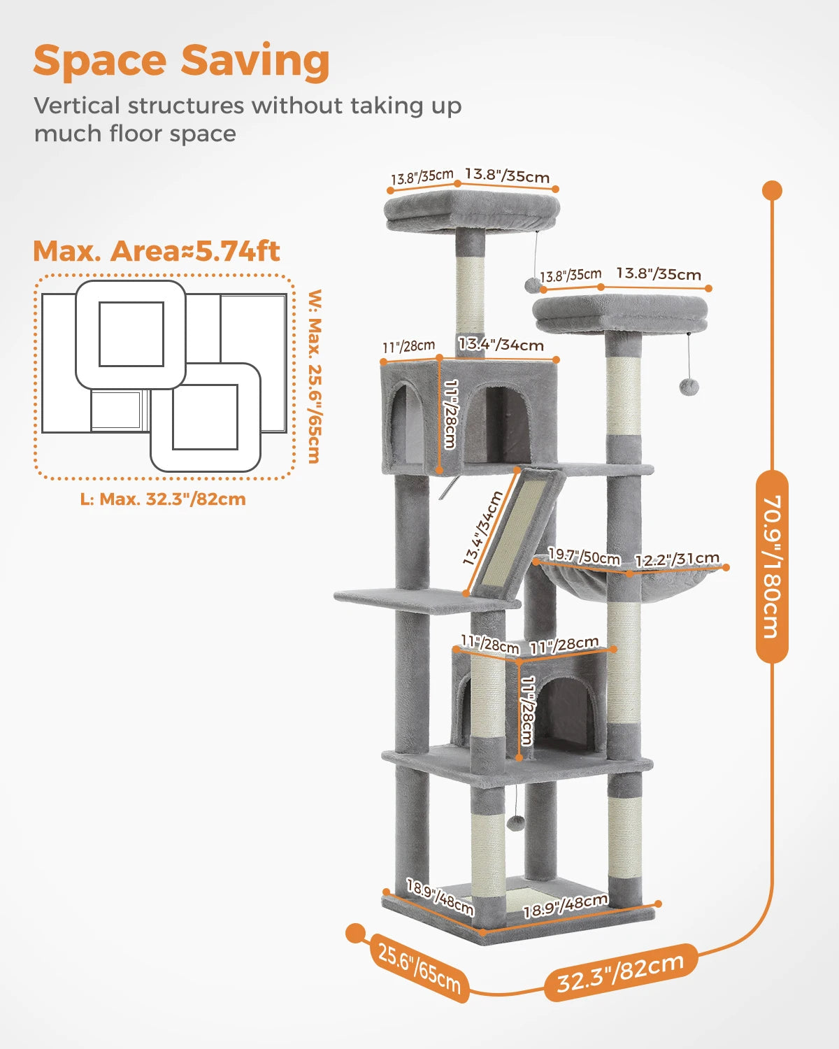Large Cat Tree – Multi-Level with Sisal Posts, Hideaway & Hanging Toys
